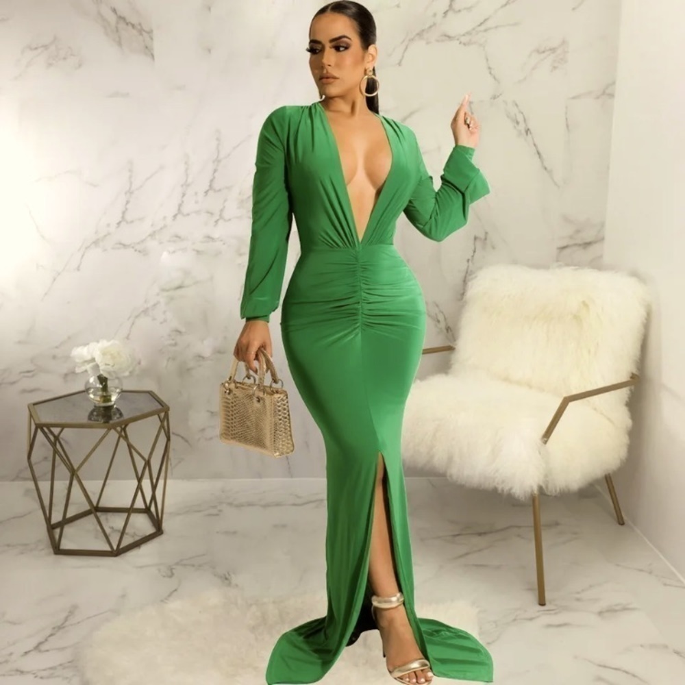 Maxi dress long sleeves with slit , V neck.
